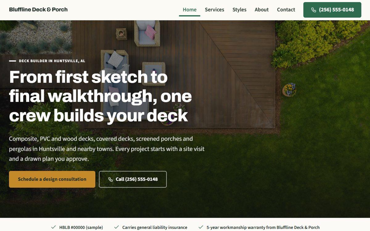 A finished sample website for a deck builder